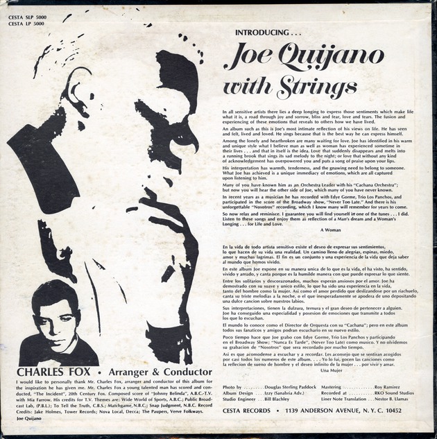 Joe Quijano with strings - Back Cover
